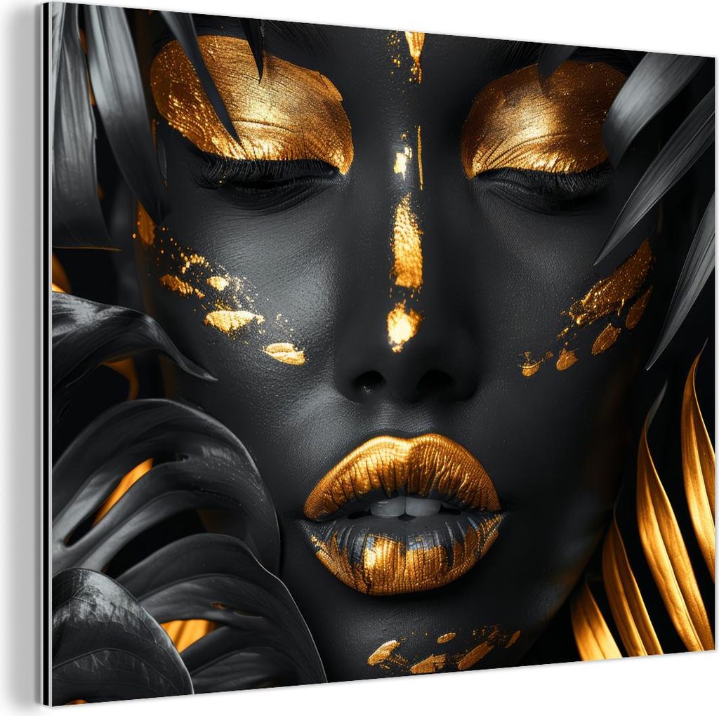 MuchoWow Wanddekoration Metall Metallbild Wandkunst 80x60 cm Frau - Gold - Natur - Porträt - Modern MuchoWow Aluminium Gemälde - Alubild