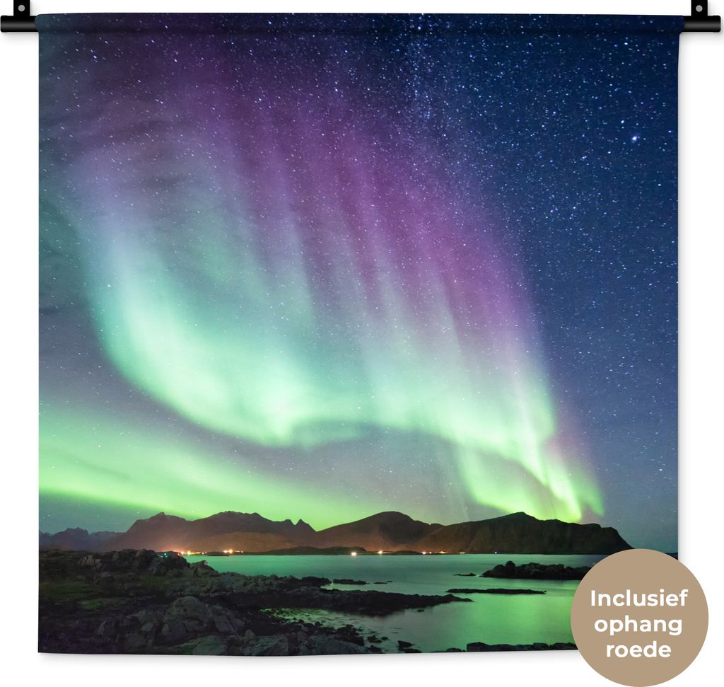 MuchoWow Wandteppich Wandbehang Nordlicht - Grün - Lila - Sternenhimmel - See - Berg 60x60 cm Tapisserie Dekoration Wandtuch - Dekorationen - Wa...