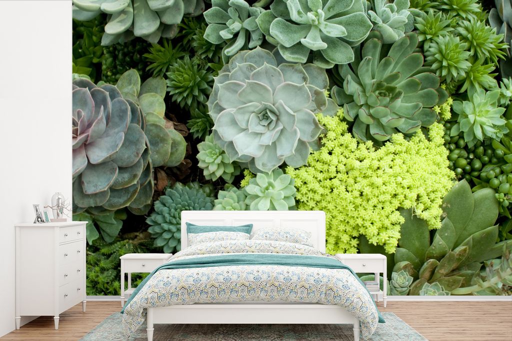 MuchoWow Fototapete für Wohnzimmer oder Schlafzimmer Wandtapete Vinyl Motivtapete Ein grünes und gelbes Blumenmuster - 390x260 cm - Papiertapete