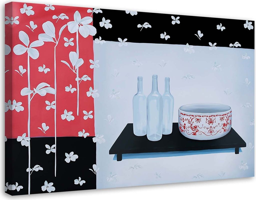 Leinwandbild glasflaschen und schale 90x60 cm Feeby rot wandbild bereit zum aufhängen
