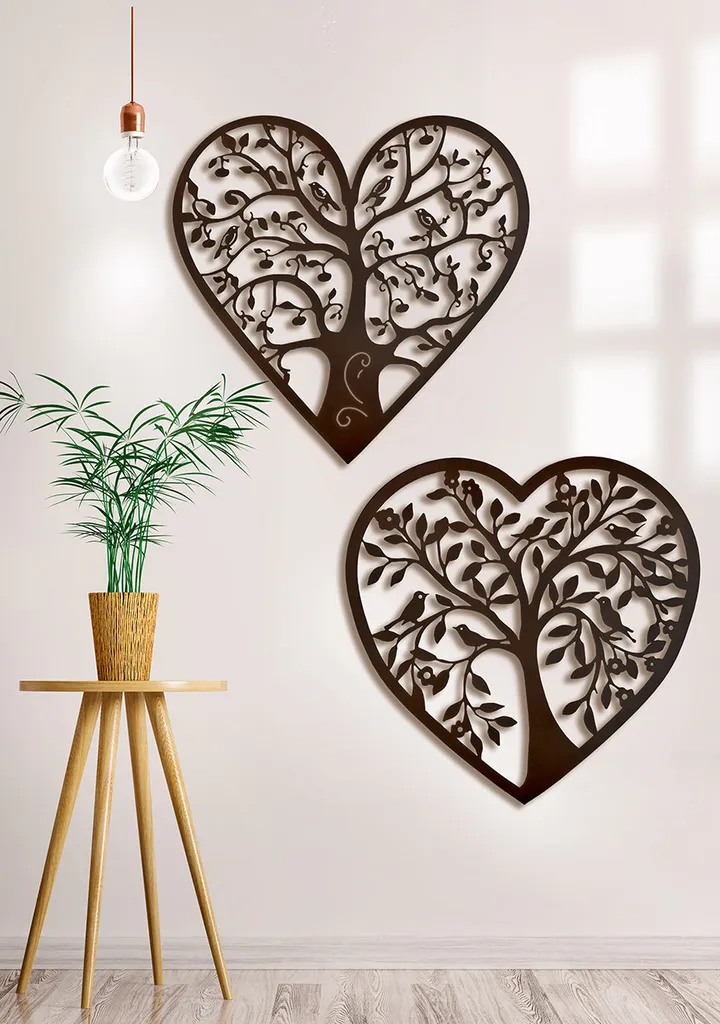 Décoration Murale Cœur Métal Brun Foncé 60 cm Motifs Arbre de Vie Gilde