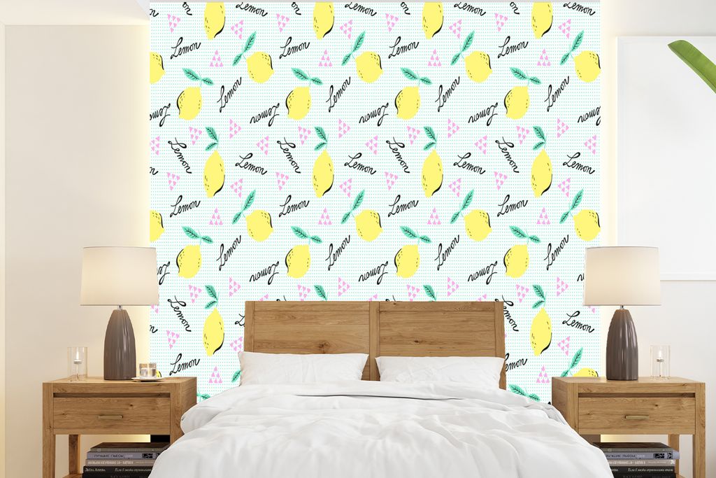 MuchoWow Fototapete für Wohnzimmer oder Schlafzimmer Wandtapete Vinyl Motivtapete Hipster - Zitrone - Pastell - Muster - 200x220 cm - Vinyltapeten