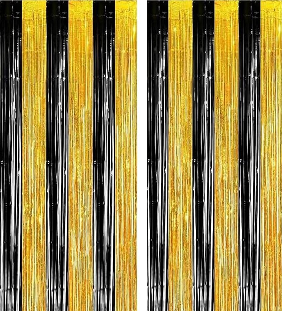 2 Stück Lametta Vorhänge Schwarz-Gold Glitzer Hintergrund Dekoration Folien Fransen Silvester Geburtstag Hochzeit Partydeko Luftschlangen Deko