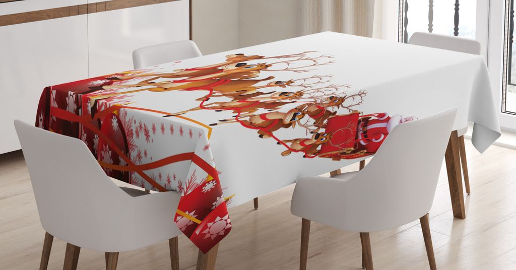 ABAKUHAUS Weihnachtsmann Tischdecke, Weihnachtskugeln und Rentiere, Für den Inn und Outdoor Bereich geeignet Waschbar Druck Klar Kein Verblassen, ...