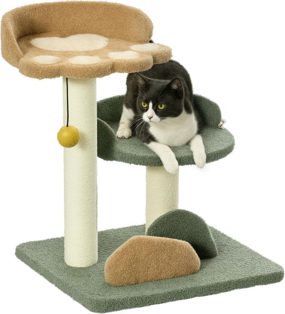 Kleiner Kratzbaum mit 2 Liegeflächen, inkl. Spielzeug, für kleine Katzen, Grün Beige+ Braun