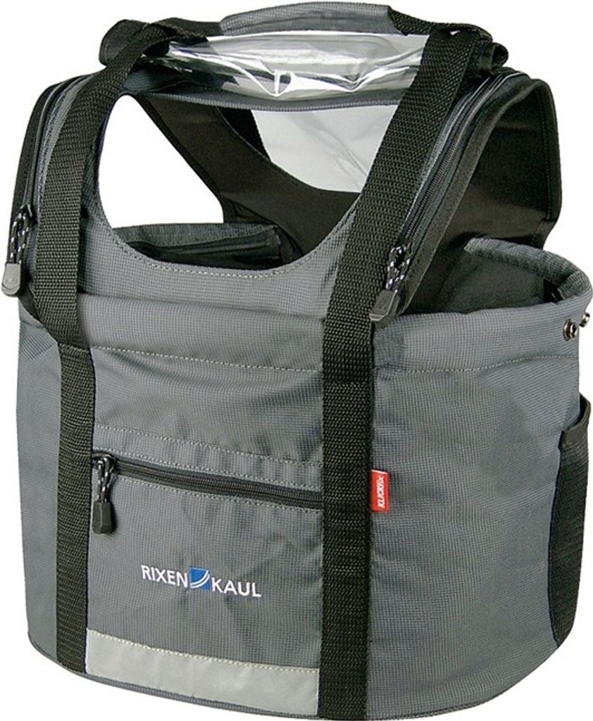 A gray dog carrier bag with black straps and zippers, shown from the front.