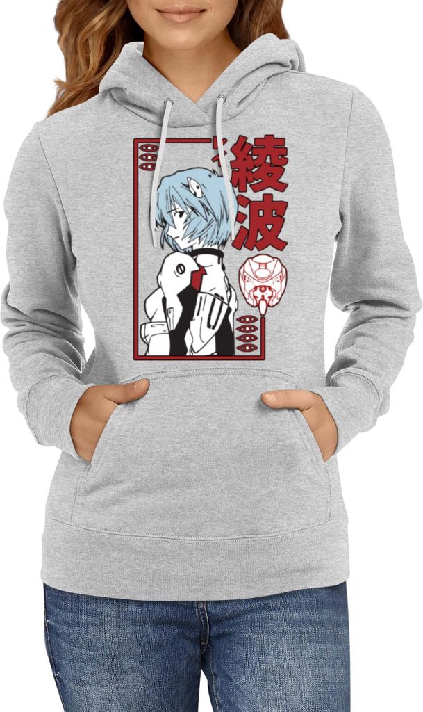 Damen Kapuzenpullover Japan Manga Anime Comics Neon Anime Genesis Manga Evangelion Rei Ayanami, Lady XS / Grau