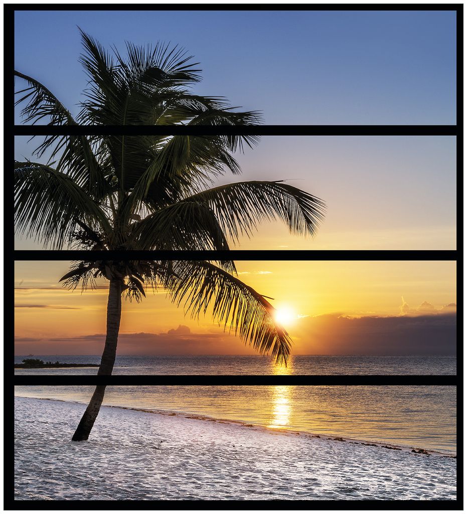 Wallario Möbelfolie / Aufkleber, geeignet für Ikea Malm Kommode mit 4 Schubfächern - Palme am Strand - Sonnenuntergang über dem Meer