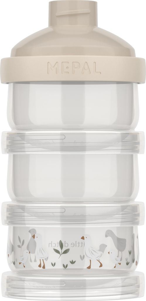 A stackable milk powder dispenser with a lid and three containers, featuring a subtle goose illustration on the bottom container.