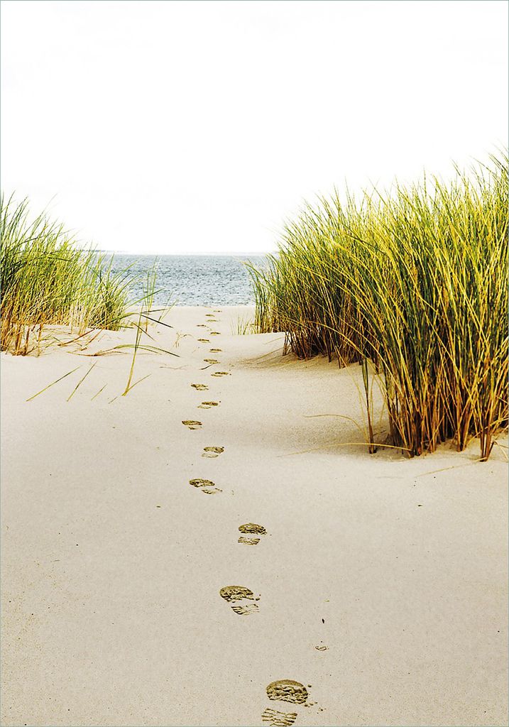 Wallario selbstklebendes Poster - Spuren im Sand- Fußspuren durch die Düne zum Meer, Größe: 70 x 100 cm