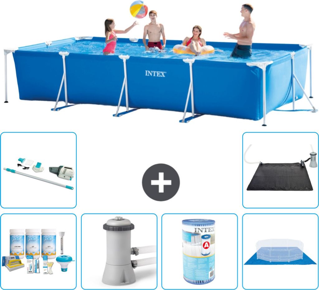 Intex-Schwimmbecken mit rechteckigem Rahmen – 450 x 220 x 84 cm – Blau – im Lieferumfang enthalten Wartungspaket - Filterpumpe für Schwimmba...