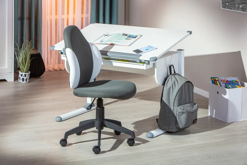Chaise de bureau pour télétravail Jessi compacte grise et blanche