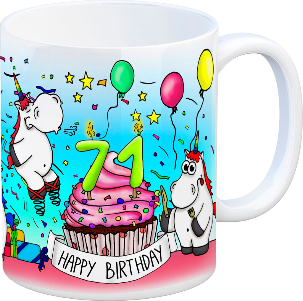 Honeycorns Tasse zum 71. Geburtstag mit Muffin und Einhorn Party Kaffeebecher