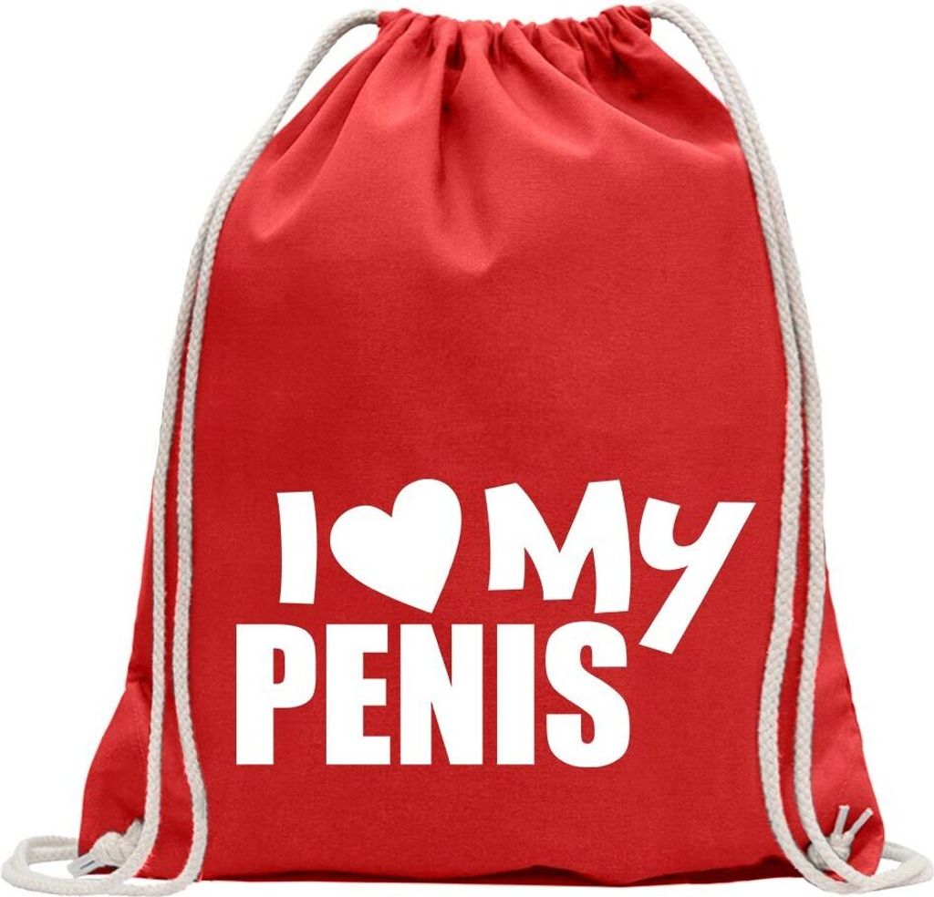 Kiwistar - Turnbeutel - rot - I Love my Penis - Fun Rucksack Sport Beutel Gymsack Baumwolle mit Ziehgurt