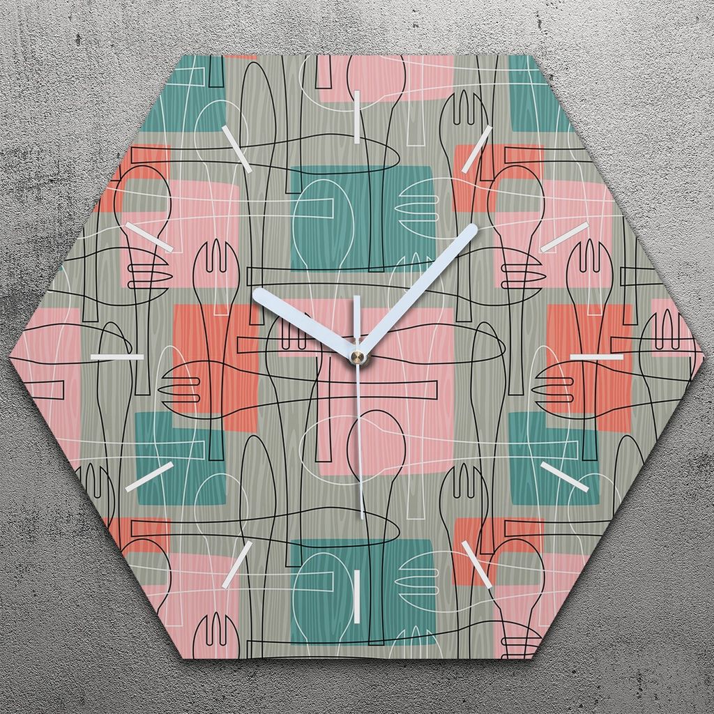 Uhr hexagonal 40 cm Glas Geräuschlos weiße Zeiger - Gabeln Löffel und Messer