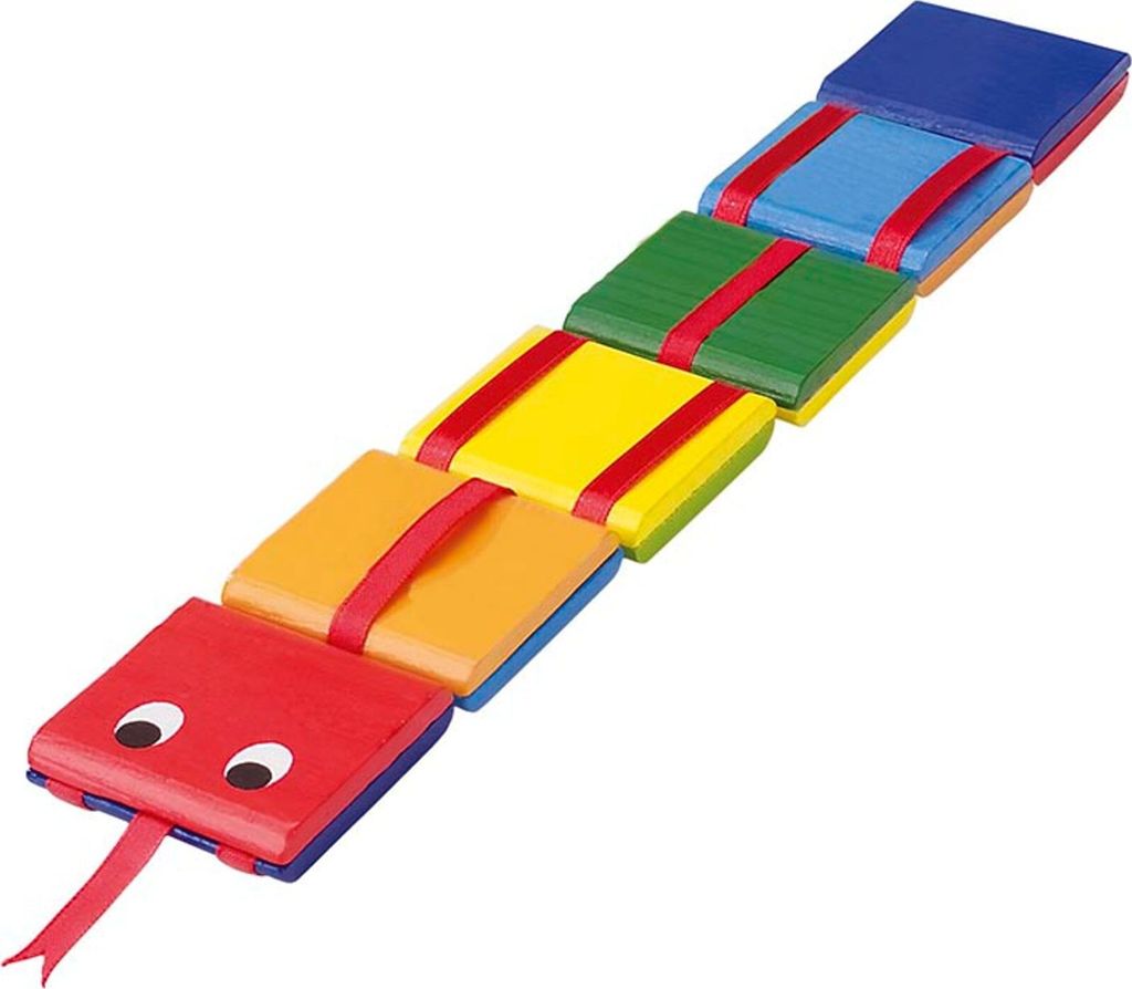 A toy snake made of colorful blocks, arranged diagonally on a white background.