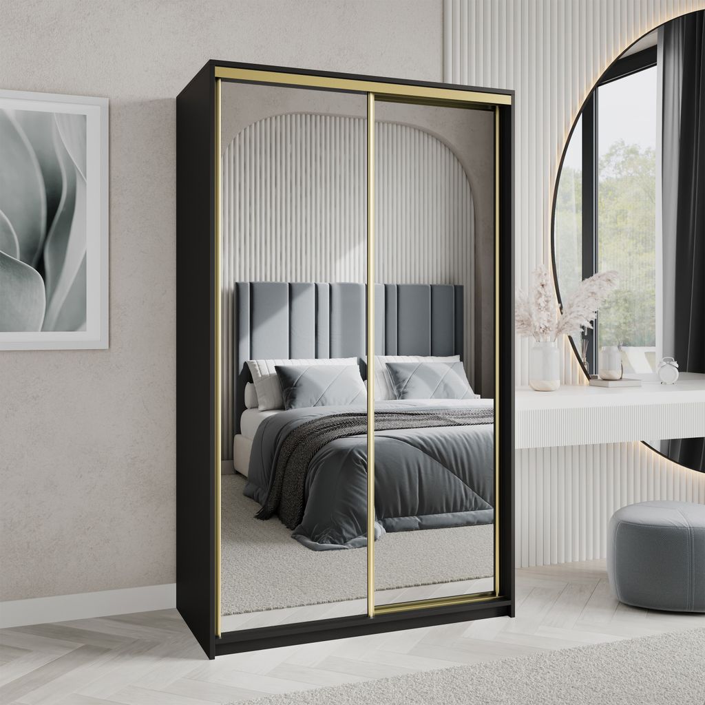 Masseno Schiebetürenschrank RIEN 120/205/60 cm Kleiderschrank mit Schubladen Schlafzimmer Schrank 2-türig mit Spiegel Schwarz + Gold