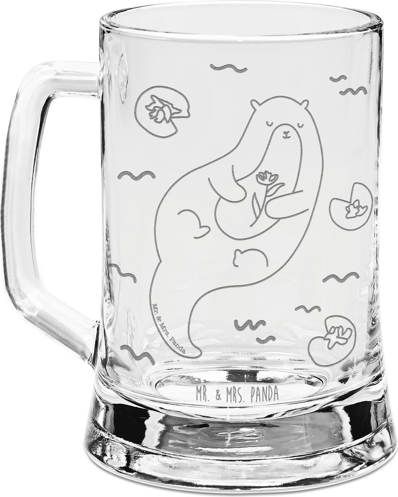Mr. & Mrs. Panda Krug Otter Seerose - Transparent - Geschenk, Seeotter, Fluss, Seidel, Humpen, Glasseidel, Gravur Bierkrug, glücklich, Glas, Wasser