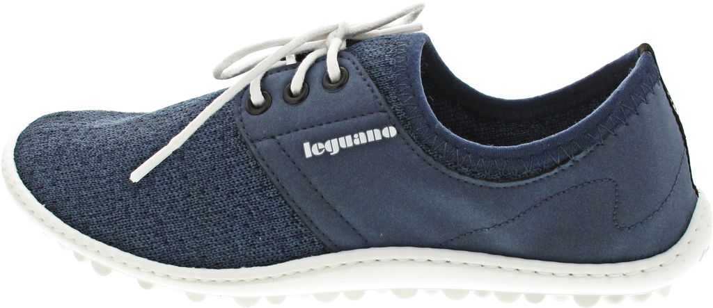 A side view of a blue Leguano shoe against a white background.