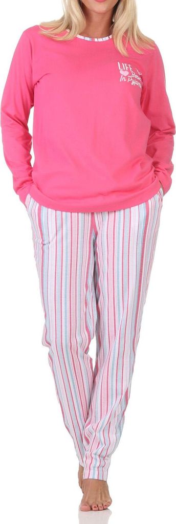 Normann Damen Schlafanzug lang Pyjama in edler Streifenoptik – auch in Übergrößen ; pink , 56