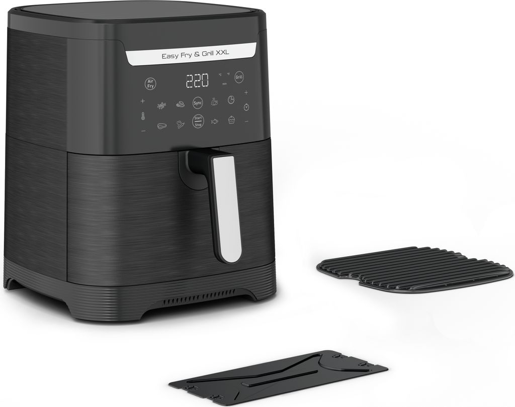 A black air fryer with its accessories is displayed on a white background.