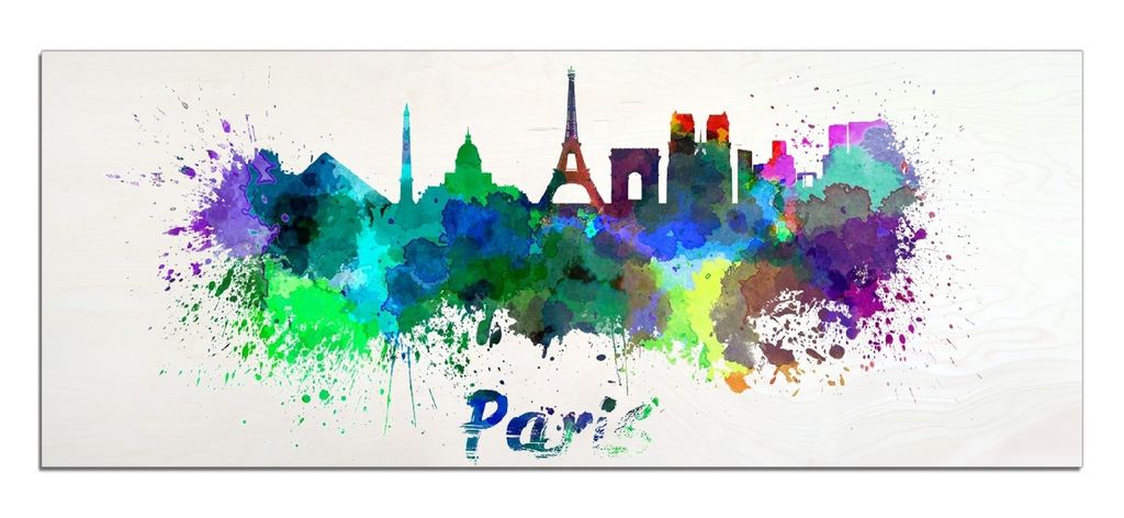 Wallario Kunstdrucke Wandbilder Holz in : Brillante Farben, Größe 50 x 125 cm Motiv Städte als Aquarell - Skyline von Paris