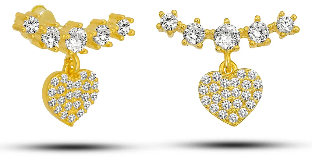 Boucles d'oreilles dormeuses cœur en argent et cinq cristaux brillants