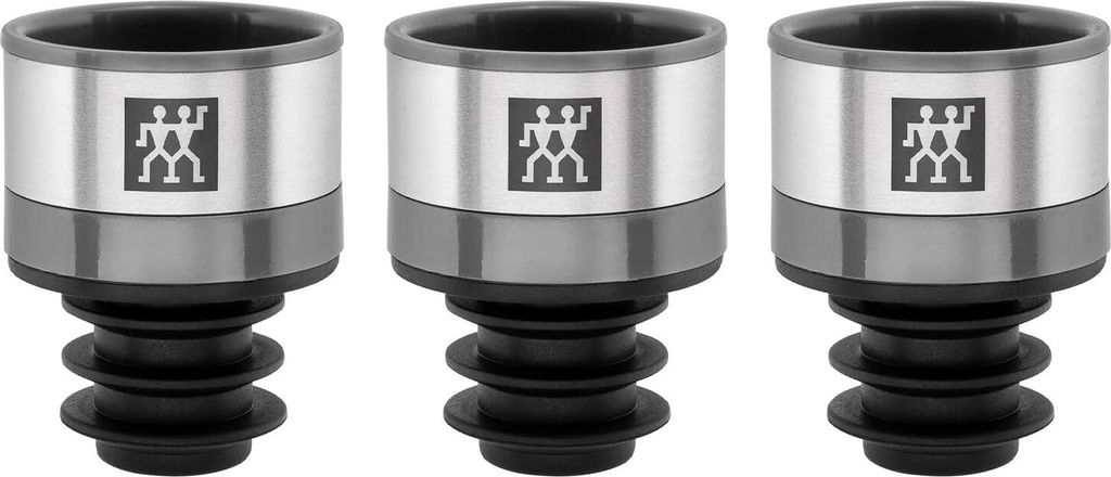 Three ZWILLING wine stoppers are displayed side-by-side against a white background.