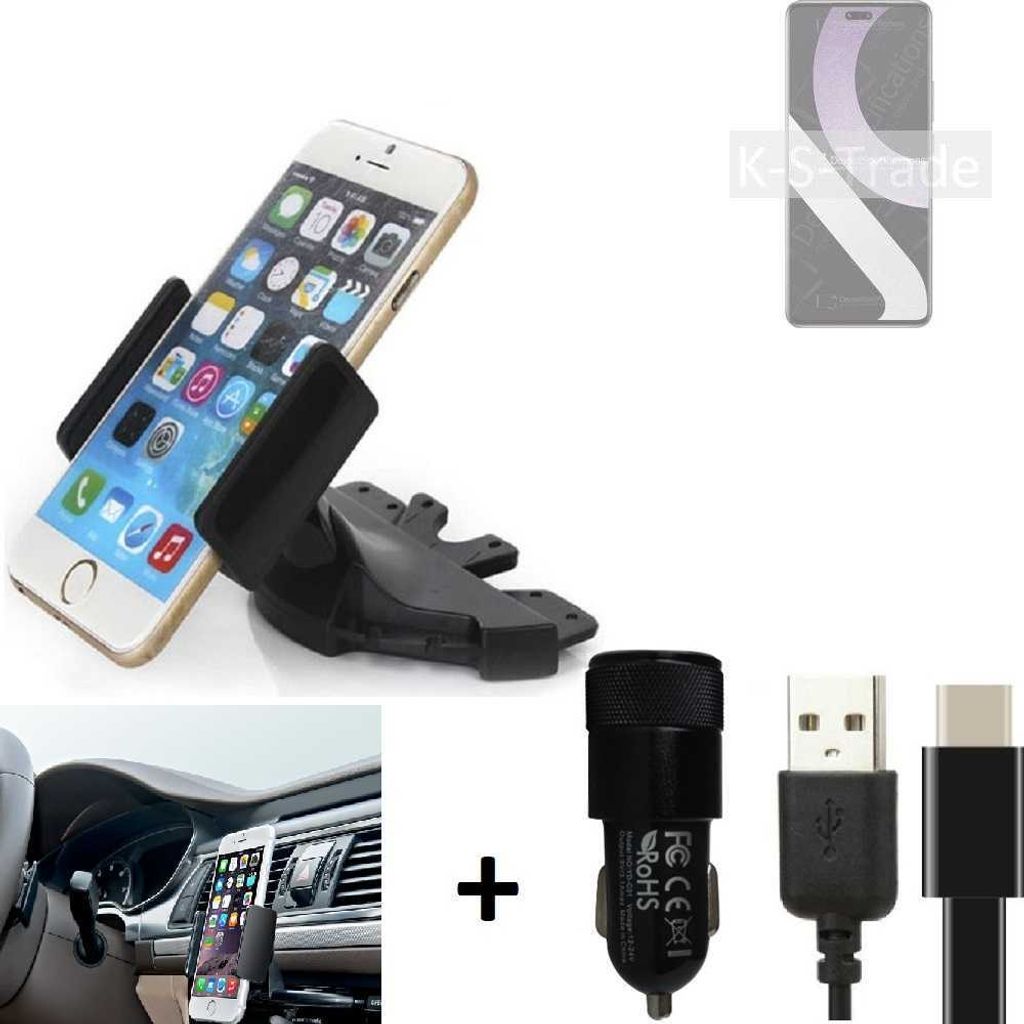 K-S-Trade CD Schlitz Handy-Halterung kompatibel mit Xiaomi Civi 2 Autohalterung KFZ-Halter Radio Handy Halterung 360° drehbar CD-Schacht inkl. USB-C