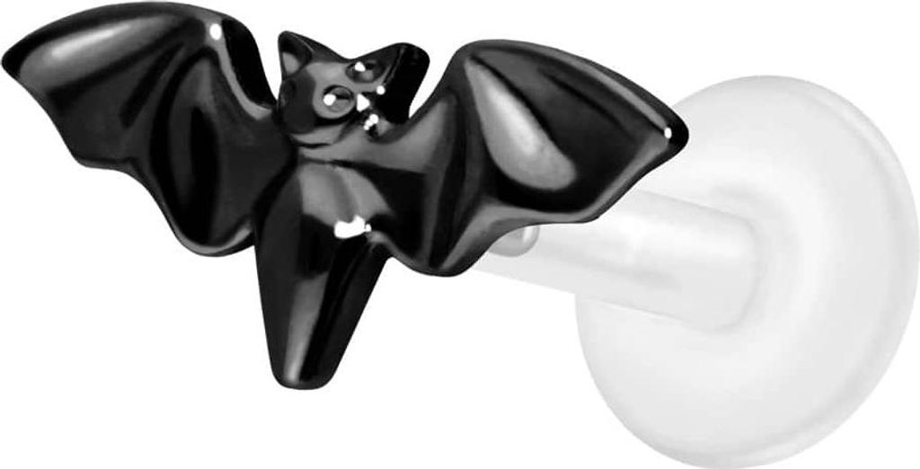 Ohrpiercing, Nasenpiercing PTFE Labret mit Innengewinde + Titan-Aufsatz FLEDERMAUS Schwarz Stablänge: 8mm | Stabstärke: 1,2mm