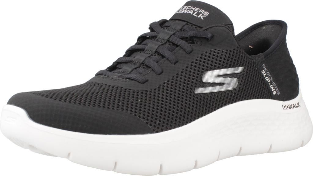 A black Skechers Go Walk Flex shoe with a white sole is shown against a white background.