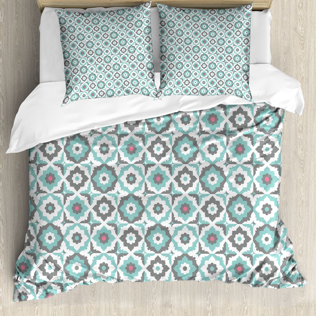 ABAKUHAUS Quatrefoil Bettbezug, Retro-Pastellblumen, Milbensicher Allergiker geeignet mit Kissenbezügen, 200 cm x 200 cm - 80 x 80 cm, Türkis, Gr...