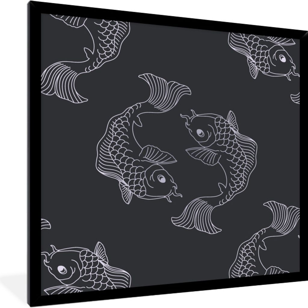 MuchoWow Gerahmtes Poster Eine dunkle Illustration von Fischen in einem Muster 40x40 cm - Poster mit Schwarzem Bilderrahmen Wandposter Rahmen Fot...