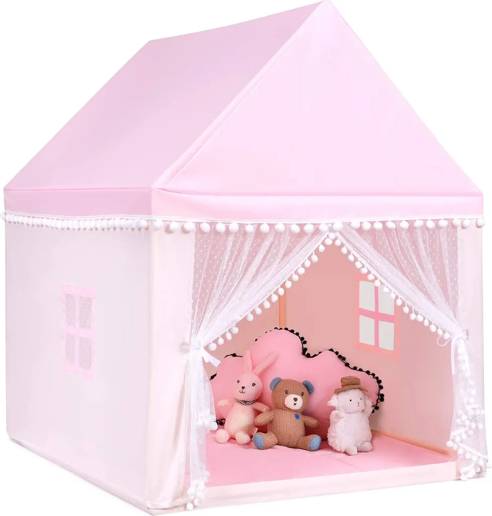 Maison de jeu pour enfants COSTWAY en bois massif avec tapis rose 120cm