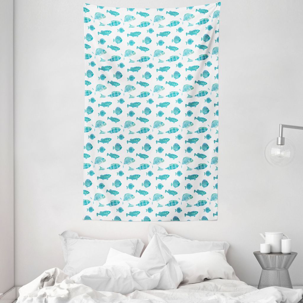 ABAKUHAUS Fisch Wandteppich und Tagesdecke, Gekritzel-Kunst-Leben im Wasser aus Weiches Mikrofaser Stoff Waschbar ohne Verblassen Digitaldruck, 140...