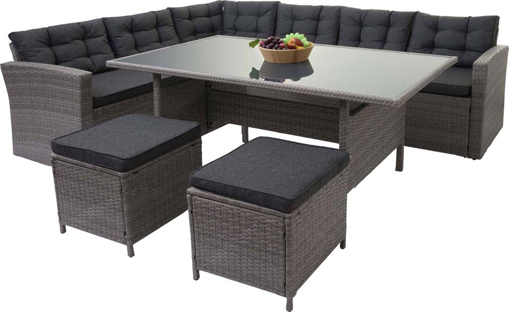 Poly-Rattan-Garnitur HWC-A29, Gartengarnitur Sitzgruppe Lounge-Esstisch-Set Sofa grau, Kissen grau + 2x Hocker