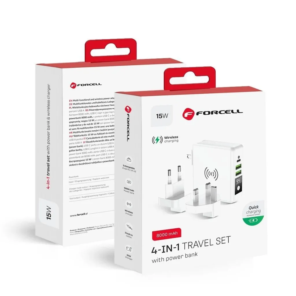 Forcell Caricabatterie 4 in 1 8000mAh USB-C Wireless Qi Bianco 15W