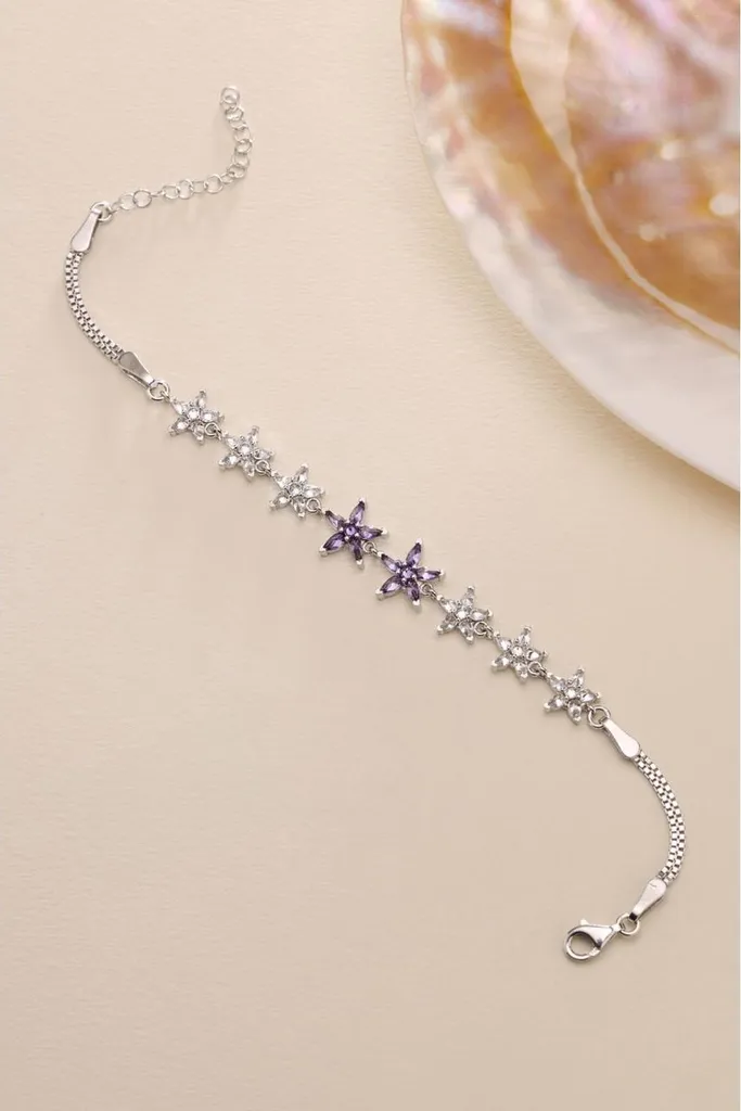 Bracelet Chaîne en Argent Rhodié et Pendentif Lotus Violet pour Femme