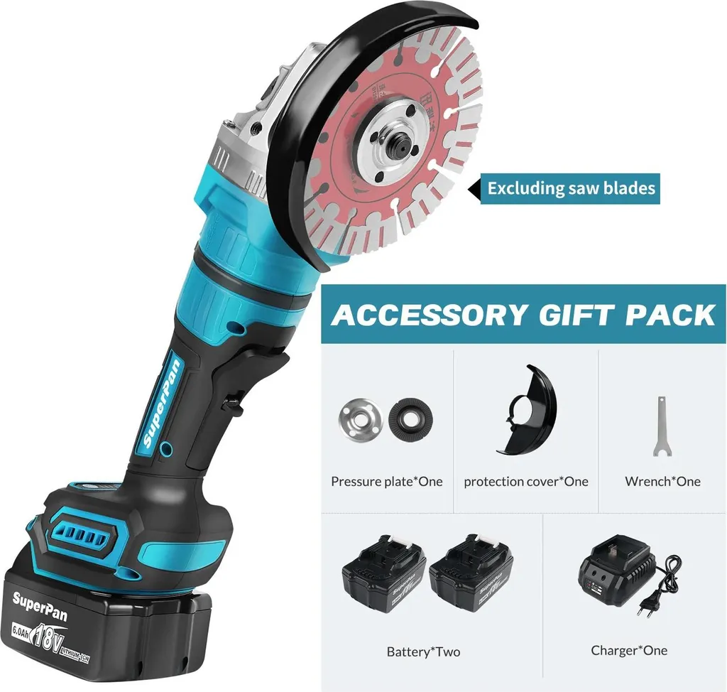Meuleuse d'angle réglage vitesse continu et accessoires, 2 batteries Li-ion