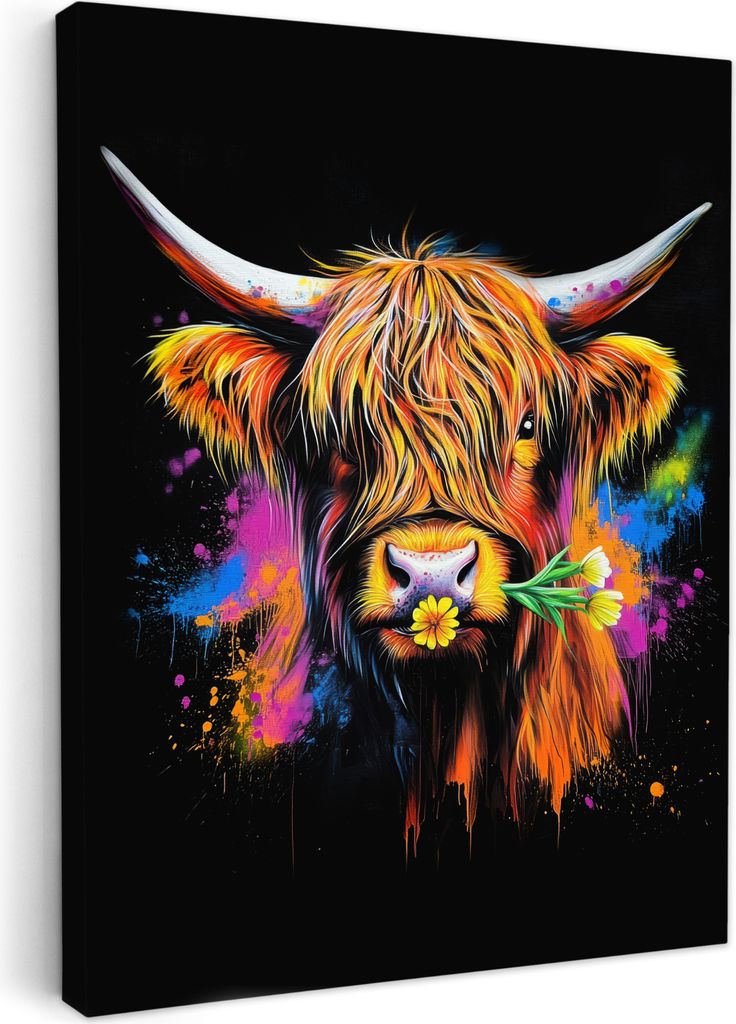 Leinwand Bilder 30x40 cm - Graffiti - Schottisches Hochlandrind, Wandbilder, Wanddeko Wohnzimmer, Bild