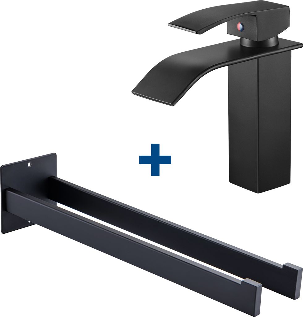 Auralum Waschtischarmatur Wasserfall Wasserhahn + Edelstahl Handtuchhalter Handtuchstange, Wandhaken für Bad, Schwarz