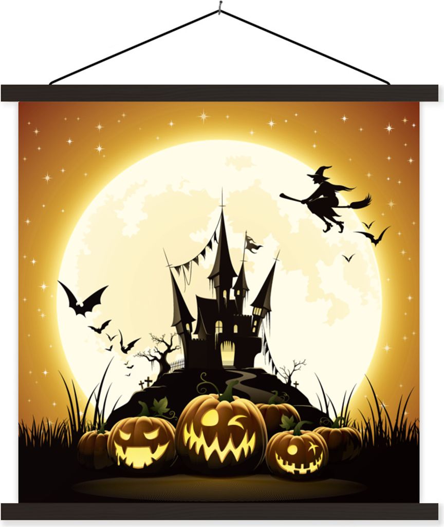 MuchoWow Textilposter Eine Illustration einer Hexe, die zu Halloween über ein Schloss fliegt 60x60 cm mit schwarzem Rahmen - Posteraufhänger