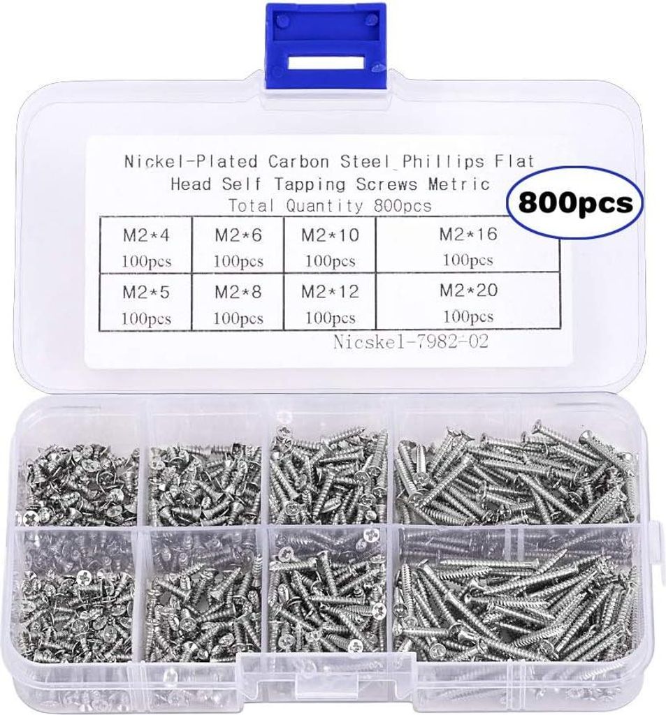 800-teiliges Sortiment an kleinen selbstschneidenden M2-Schrauben, Senkkopf-Kreuzschlitz-Holzschrauben (M2 – 4 mm, 5 mm, 6 mm, 8 mm, 10 mm, 12 mm...