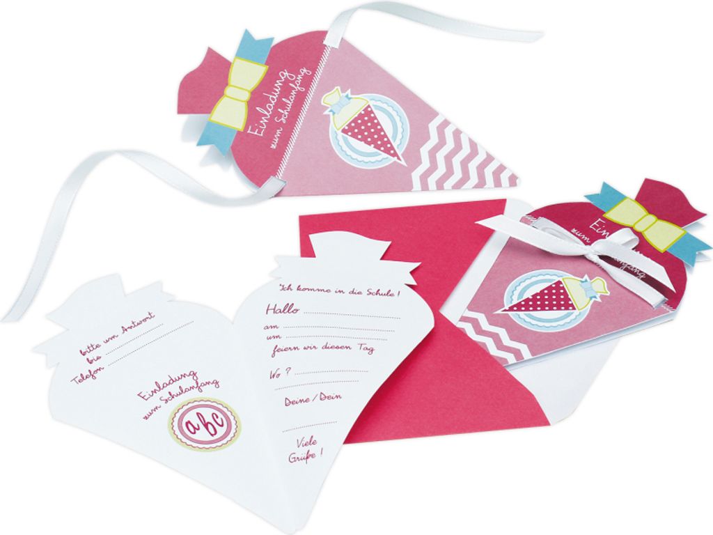 ROTH Schulanfangs-Serie "Hurra, 1. Klasse!" Einladungskarte "Schultüte" pink-grün, 10,5 x 20 cm, 4 Karten