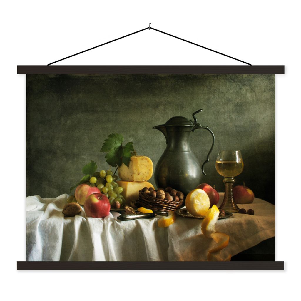 MuchoWow Textilposter Rustikal - Käse - Teekanne - Obst - Stilleben 60x45 cm mit schwarzem Rahmen - Poster Schlafzimmer