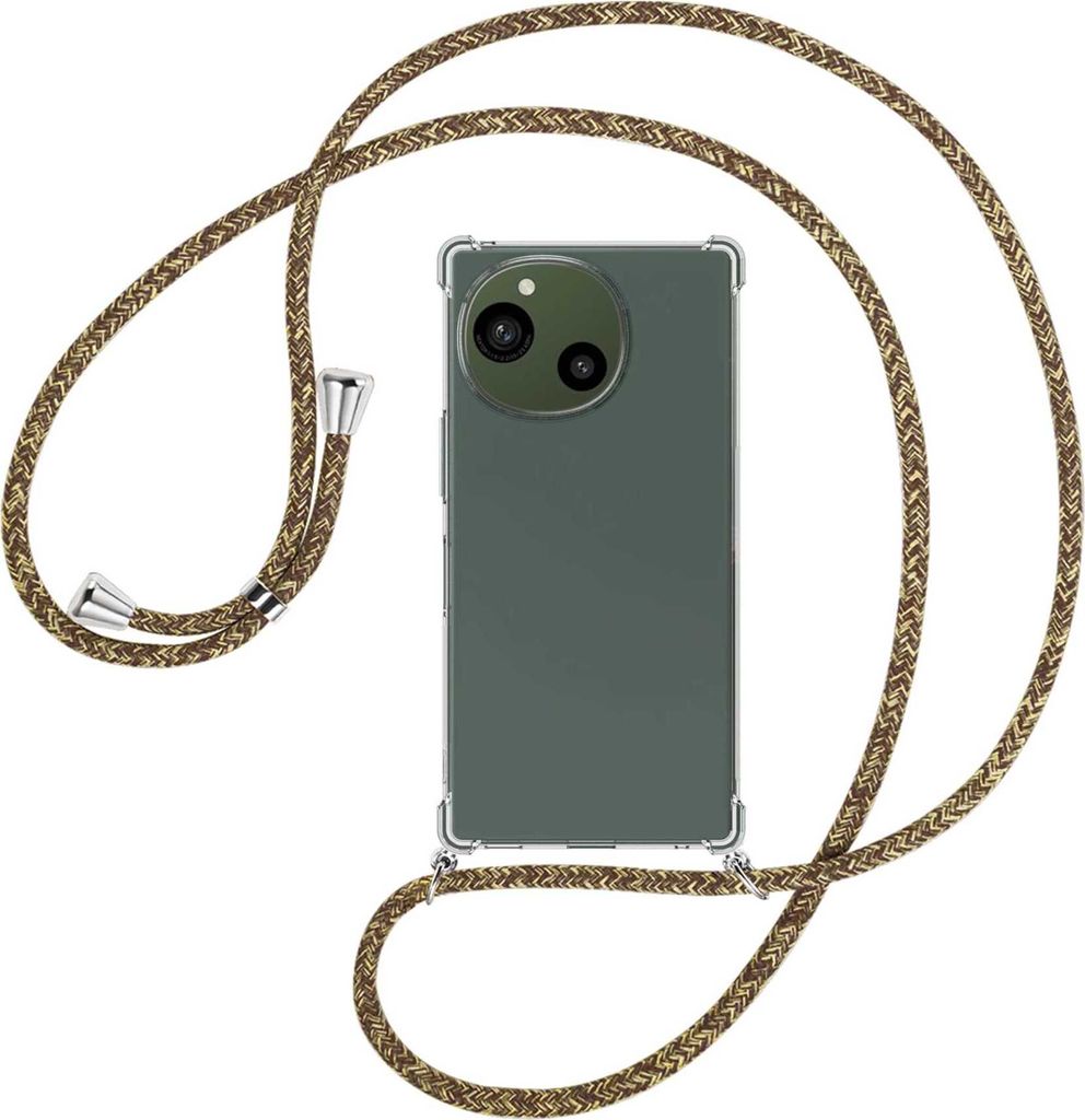 Handykette Backcover-Schutzhülle mit Band (Metall silberfarben) für Sharp Aquos R9 - braun+beige