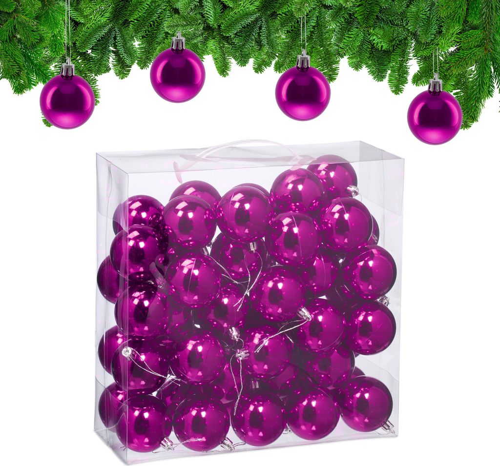 Relaxdays Weihnachtskugeln im 50er Set, Kunststoff, D: 6 cm, festliche Weihnachtsbaumdeko, Baumschmuck glänzend, pink