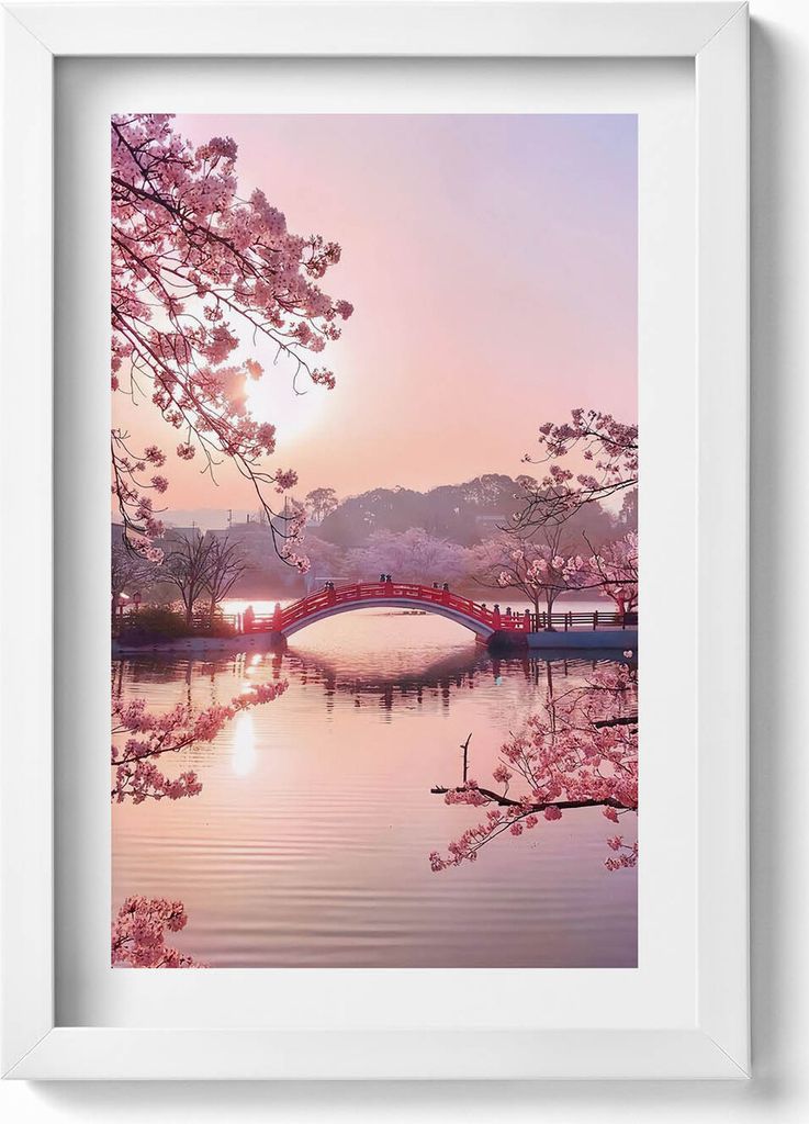 Kirschblüten und Brücke - japanischer Stil– Wandbild mit Rahmen – Gerahmtes Bild – Wanddekoration – 20x30 cm – Weiß