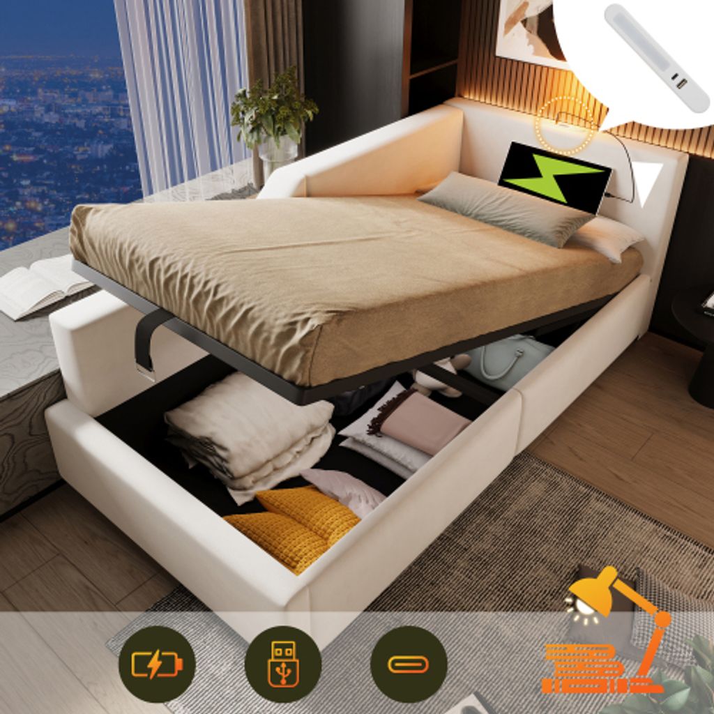 MODFU Schlafsofas Polsterbett 90 x190 cm mit hydraulischem Stauraum, Kinderbett Jugendbett mit USB-C-Ladefunktion,Tagesbett Daybett, Beige(Ohne Mat...