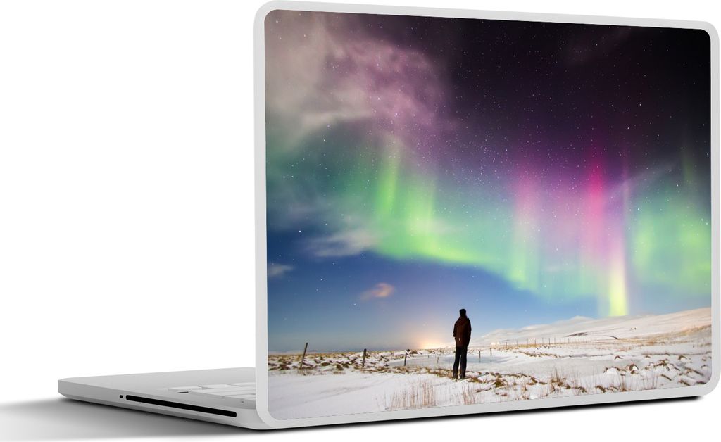 MuchoWow Laptop Aufkleber Sticker Cover Ein Mann betrachtet das Polarlicht im Norden von Island 31x22.5 cm - Laptop-Deko